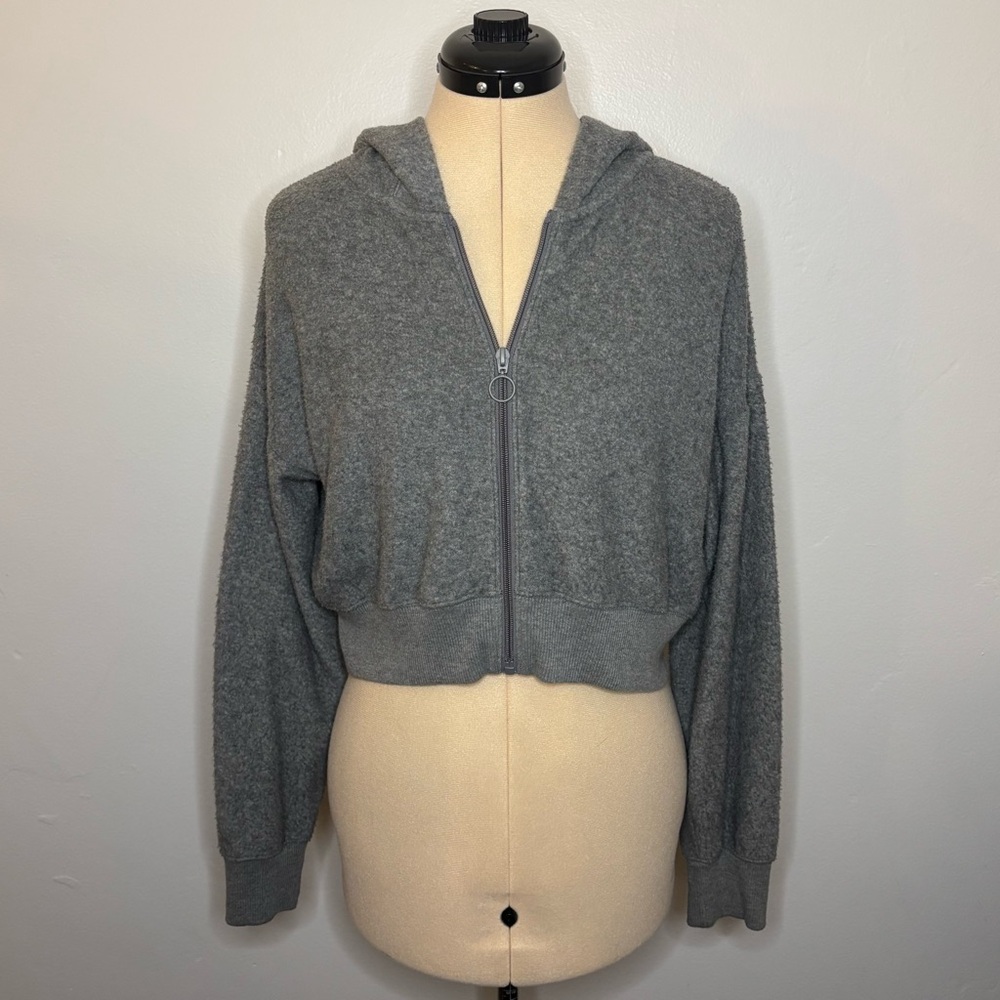 S Gilly Hicks Hollister Gray Fuzzy Cropped Zip-Up Hoodie Jacket